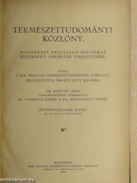 Természettudományi Közlöny 1926. január-december/Pótfüzetek a Természettudományi Közlönyhöz 1926. január-december