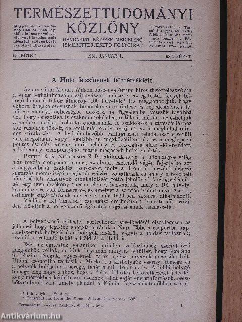 Természettudományi Közlöny 1931. január-december/Pótfüzetek a Természettudományi Közlönyhöz 1931. január-december