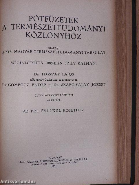 Természettudományi Közlöny 1931. január-december/Pótfüzetek a Természettudományi Közlönyhöz 1931. január-december