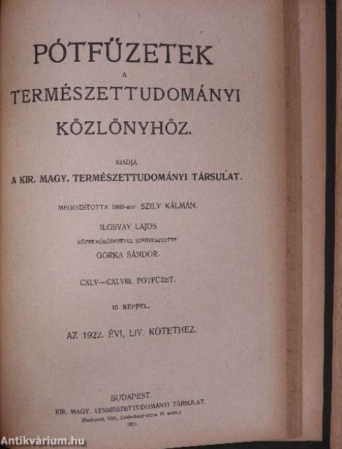 Természettudományi Közlöny 1922. január-deczember/Pótfüzetek a Természettudományi Közlönyhöz 1922. január-deczember