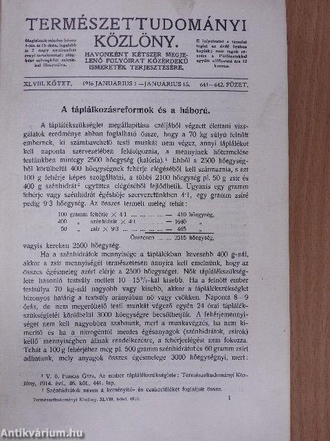 Természettudományi Közlöny 1916. január-deczember/Pótfüzetek a Természettudományi Közlönyhöz 1916. január-deczember