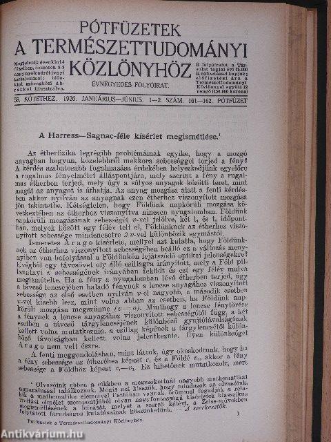 Természettudományi Közlöny 1926. január-december/Pótfüzetek a Természettudományi Közlönyhöz 1926. január-december