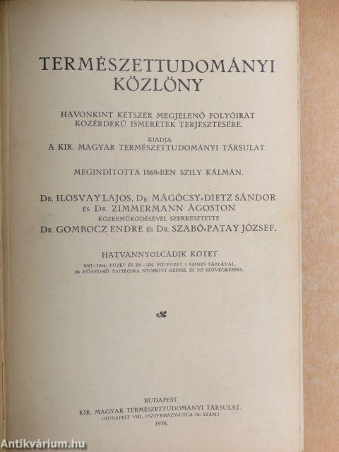 Természettudományi Közlöny 1936. január-december/Pótfüzetek a Természettudományi Közlönyhöz 1936. január-december