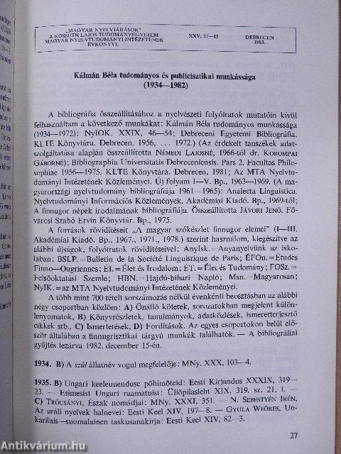 Kálmán Béla hetvenéves/Kálmán Béla tudományos és publicisztika munkássága (1934-1982)