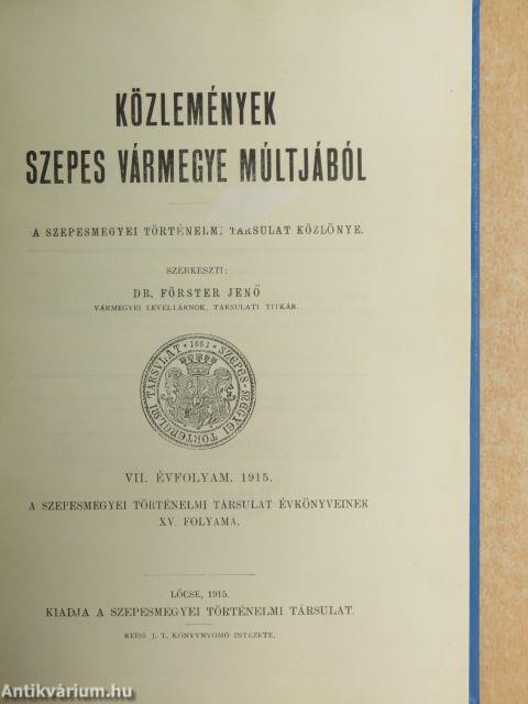 Közlemények Szepes vármegye múltjából 1915/1-4.