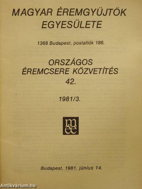 Magyar Éremgyűjtők Egyesülete Országos éremcsere közvetítés 1981/3