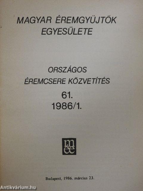 Magyar Éremgyűjtők Egyesülete Országos éremcsere közvetítés 1986/1