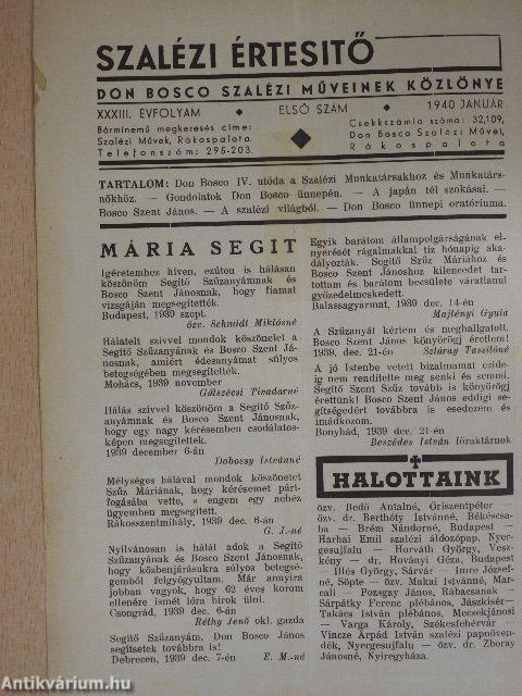 Szalézi Értesítő 1940. (nem teljes évfolyam)