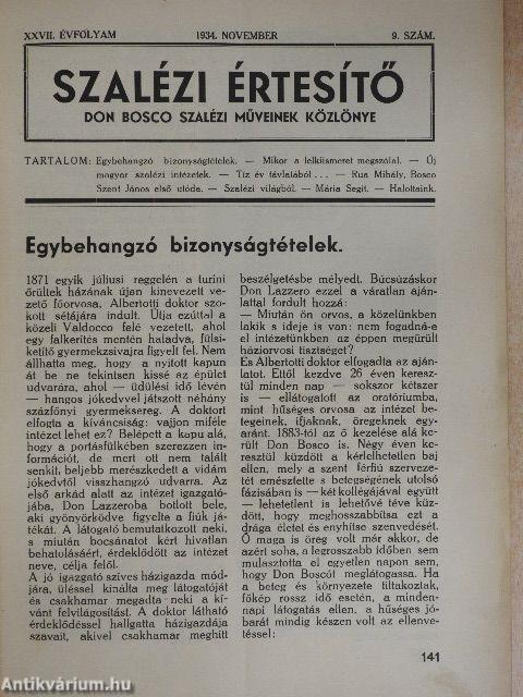 Szalézi Értesítő 1934. november