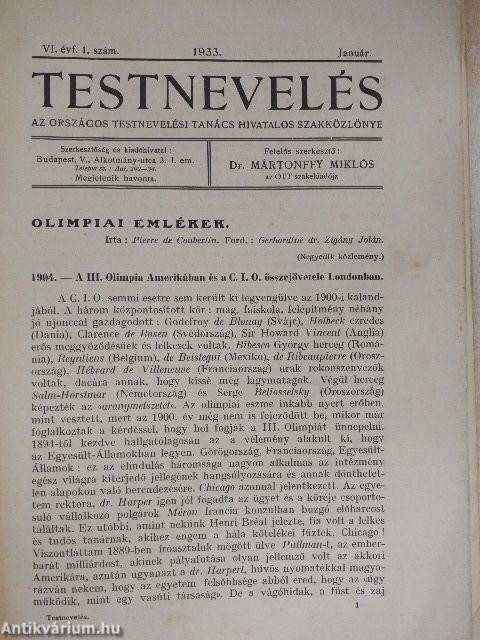 Testnevelés 1933. január-december