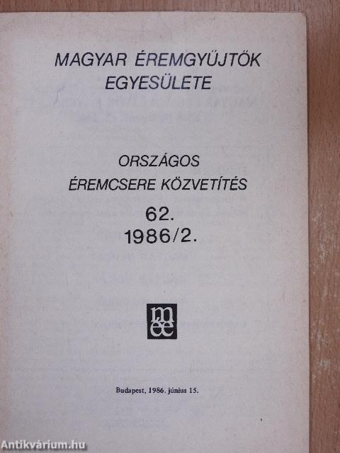 Magyar Éremgyűjtők Egyesülete Országos éremcsere közvetítés 1986/2