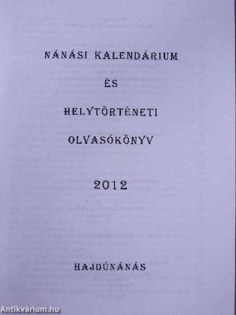 Nánási kalendárium és helytörténeti olvasókönyv 2012