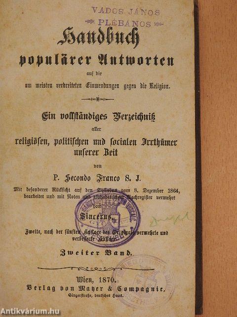 Handbuch populärer Antworten auf die am meisten verbreiteten Einwendungen gegen die Religion II. (gótbetűs) (töredék)