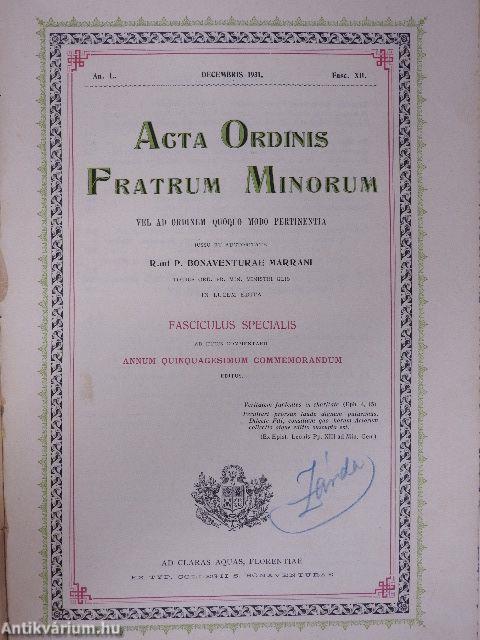 Acta Ordinis Fratrum Minorum Ianuarii-Decembris 1931