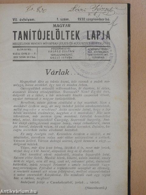 Magyar Tanítójelöltek Lapja 1932. szeptember-1933. június
