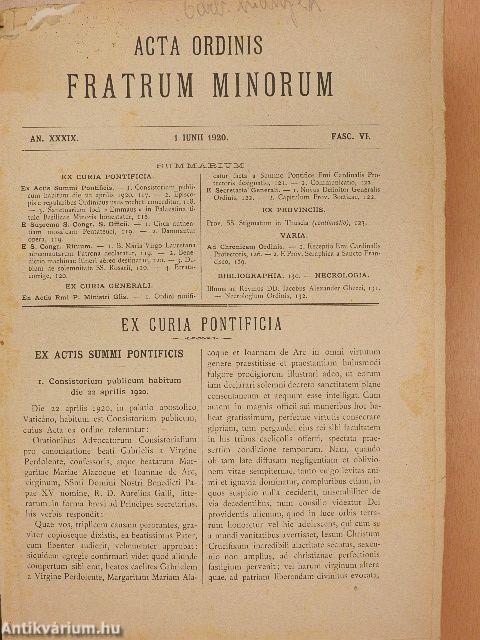 Acta Ordinis Fratrum Minorum 1920-1922. (vegyes számok) (30 db)