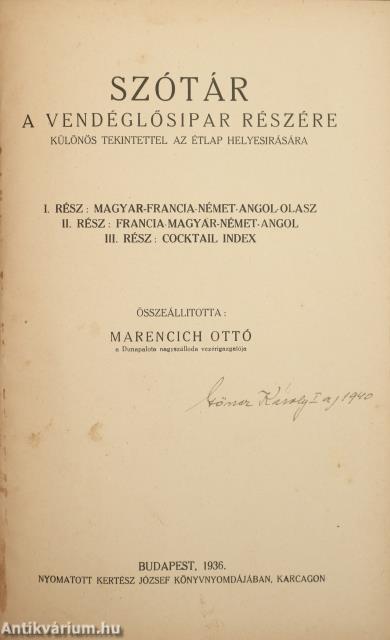 Szótár a vendéglősipar részére