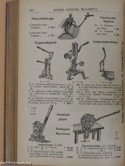 Árjegyzék a gyárüzem és malomipar részére szükséges összes műszaki kellékek, villamos berendezési czikkek, szerszámok és gépekről