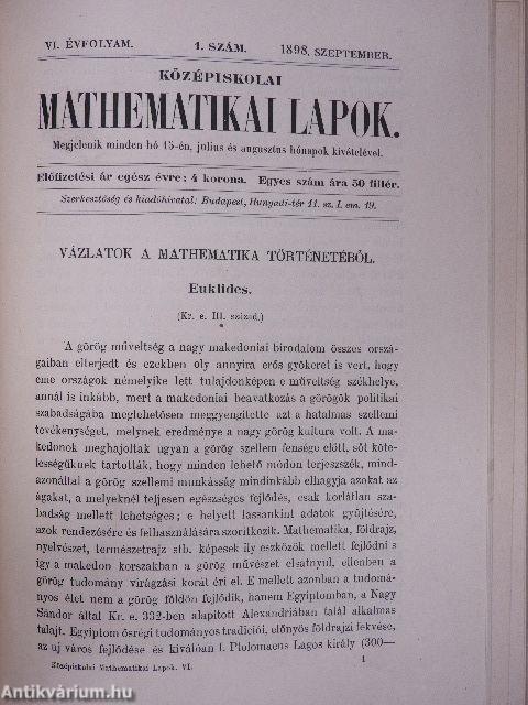 Középiskolai mathematikai lapok 1897. szeptember-1897. junius/1898. szeptember-1899. junius