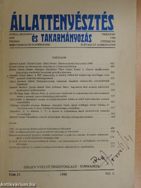 Állattenyésztés és takarmányozás 1988/6.