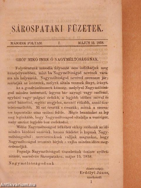 Sárospataki Füzetek 1858-1859. (nem teljes évfolyam)