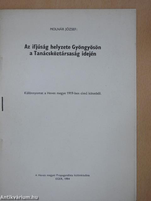 Az ifjúság helyzete Gyöngyösön a Tanácsköztársaság idején (dedikált példány)