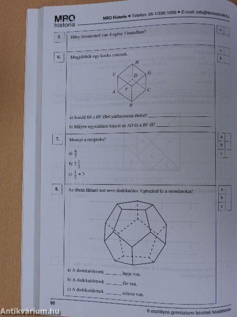 6 osztályos gimnáziumi felvételi feladatsorok