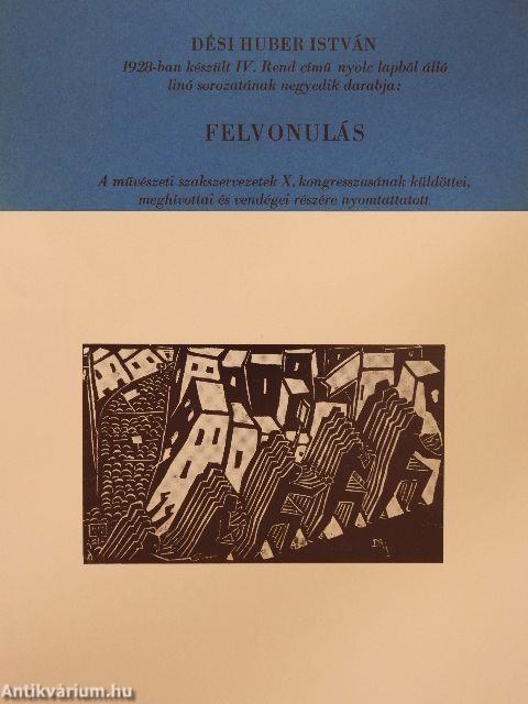 Dési Huber István 1928-ban készült IV. Rend című nyolc lapból álló linó sorozatának negyedik darabja: Felvonulás