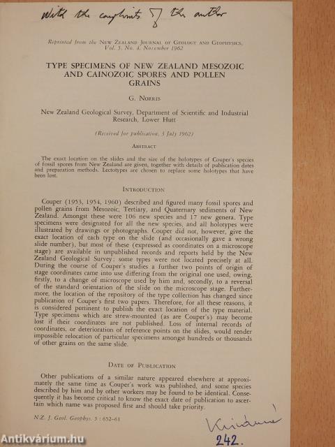 Type specimens of New Zealand Mesozoic and Cainozoic spores and pollen grains (dedikált példány)