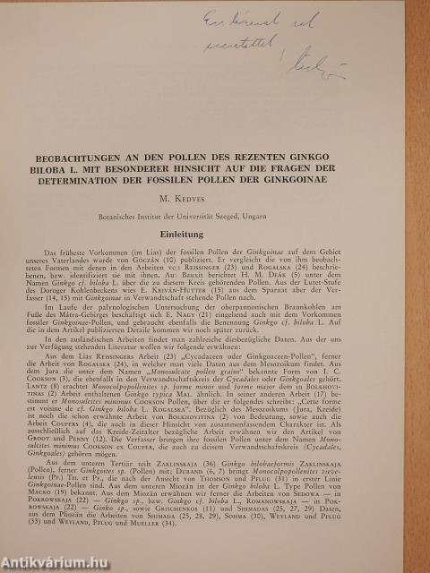 Beobachtungen an den pollen des rezenten ginkgo biloba l. mit besonderer hinsicht auf die fragen der determination der fossilen pollen der ginkgoinae (dedikált példány)