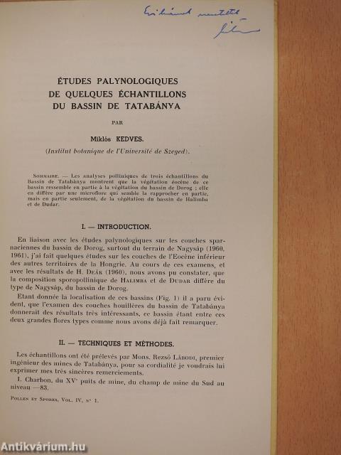 Études palynologiques de quelques échantillons du bassin de Tatabánya (dedikált példány)