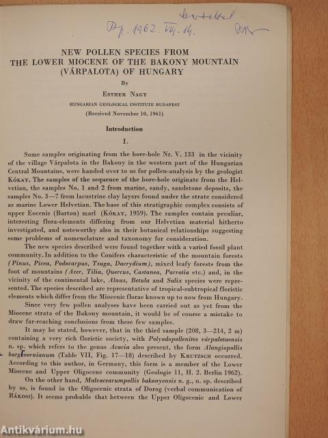New pollen species from the lower miocene of the Bakony mountain (Várpalota) of Hungary (dedikált példány)