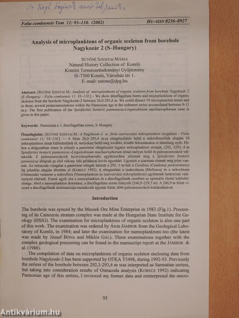 Analysis of microplanktons of organic sceleton from borehole Nagykozár 2 (S-Hungary) (dedikált példány)