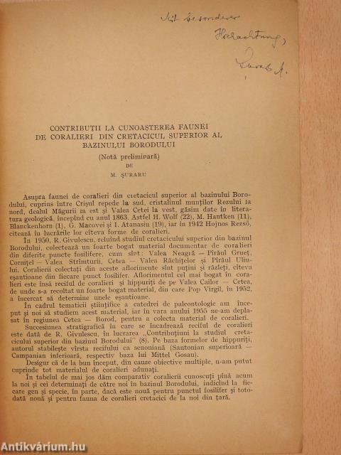 Contributii la cunoasterea faunei de coralieri din cretacicuk superior al bazinului borodului dedikált példány)