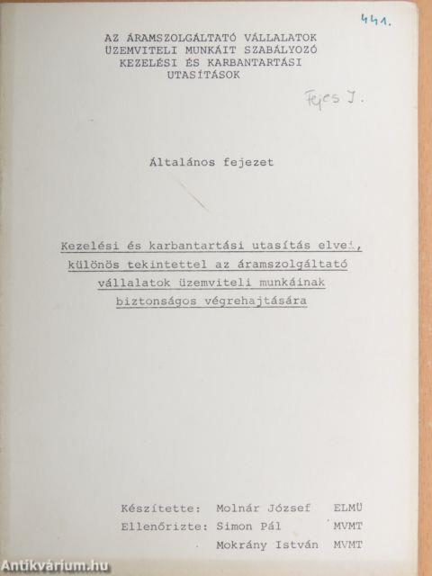 Kezelési és karbantartási utasítás elvei, különös tekintettel az áramszolgáltató vállalatok üzemviteli munkáinak biztonságos végrehajtására