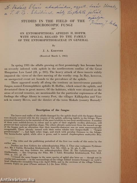 Studies in the field of the Microscopic Fungi. III. on Entomophthora Aphidis H. Hoffm. with special regard to the Family of the Entomophthoraceae in general (dedikált példány)