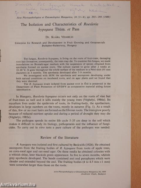 The Isolation and Characteristics of Roesleria hypogaea Thüm. et Pass (dedikált példány)