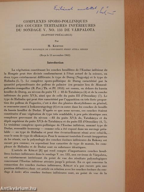 Complexes sporo-polliniques des couches tertiaires inférieures du sondage V. NO. 133 de Várpalota (Rapport préalable) (dedikált példány)