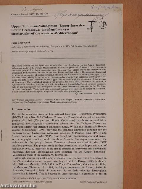 Upper Tithonian-Valanginian (Upper Jurassic-Lower Cretaceous) dinoflagellate cyst stratigraphy of the western Mediterranean (dedikált példány)