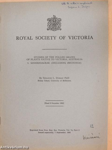 Studies of the pollen grains of plants native to Victoria, Australia 1. Goodenisceae (Including Brunonia) (dedikált példány)