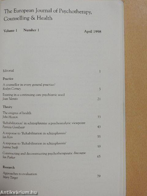 The European Journal of Psychotherapy, Counselling & Health April 1998