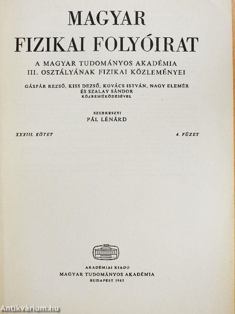 Magyar Fizikai Folyóirat XXXIII. kötet 4. füzet