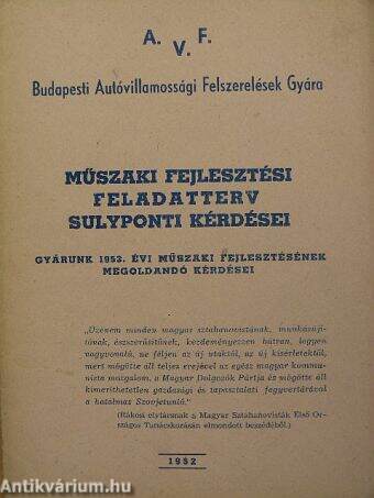 A. V. F. Budapesti Autóvillamossági Felszerelések Gyára műszaki fejlesztési feladatterv sulyponti kérdései