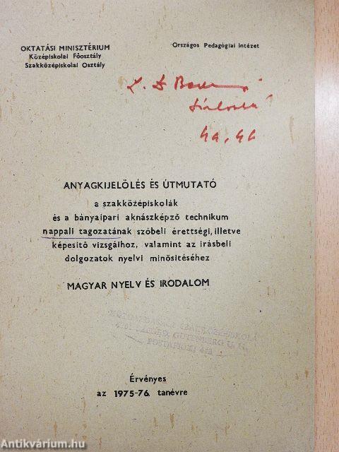 Anyagkijelölés és útmutató - Magyar nyelv és irodalom