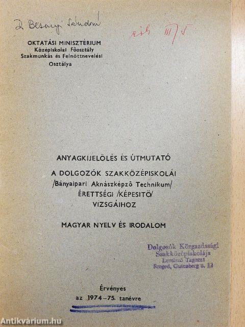 Anyagkijelölés és útmutató - Magyar nyelv és irodalom