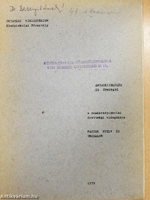 Anyagkijelölés és útmutató - Magyar nyelv és irodalom