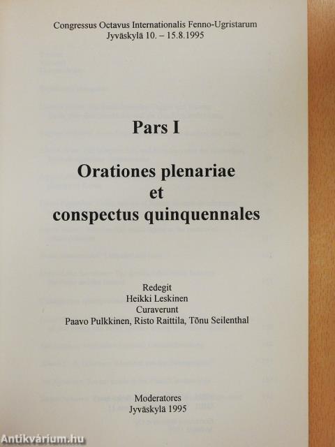 Orationes plenariae et conspectus quinquennales