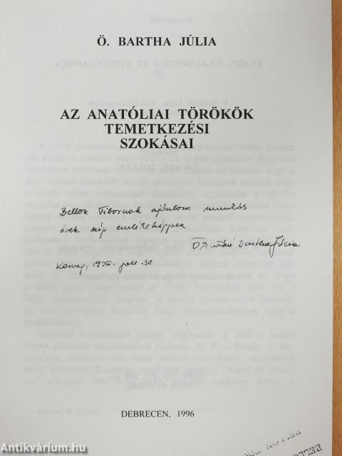 Az anatóliai törökök temetkezési szokásai (dedikált példány)