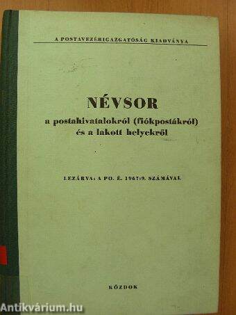 Névsor a postahivatalokról (fiókpostákról) és a lakott helyekről