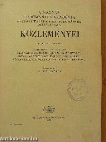 A Magyar Tudományos Akadémia Matematikai és Fizikai Tudományok Osztályának közleményei 1973/1-2.
